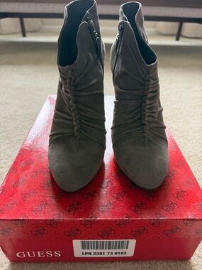 GUESS Taupe Suede Ruching Ankle Booties